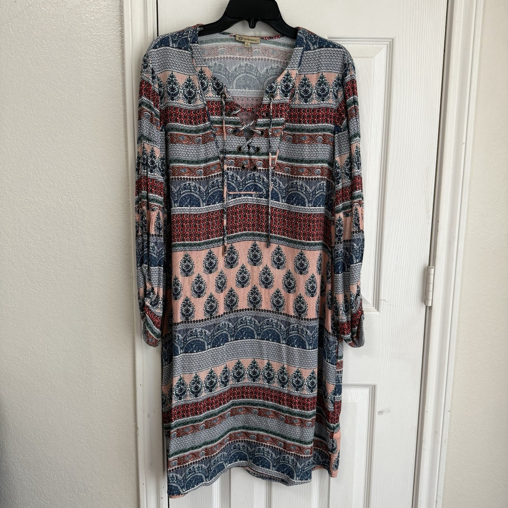 Democracy Large Pretty Multi Pattern Knee Length Dress 3/4 Puff Sleeves Lace Up